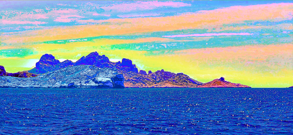 Paysage rocheux de la Méditerranée aux couleurs transformées, œuvre Immersion méditerranéenne de Brigitte Gagnepain, 2026.