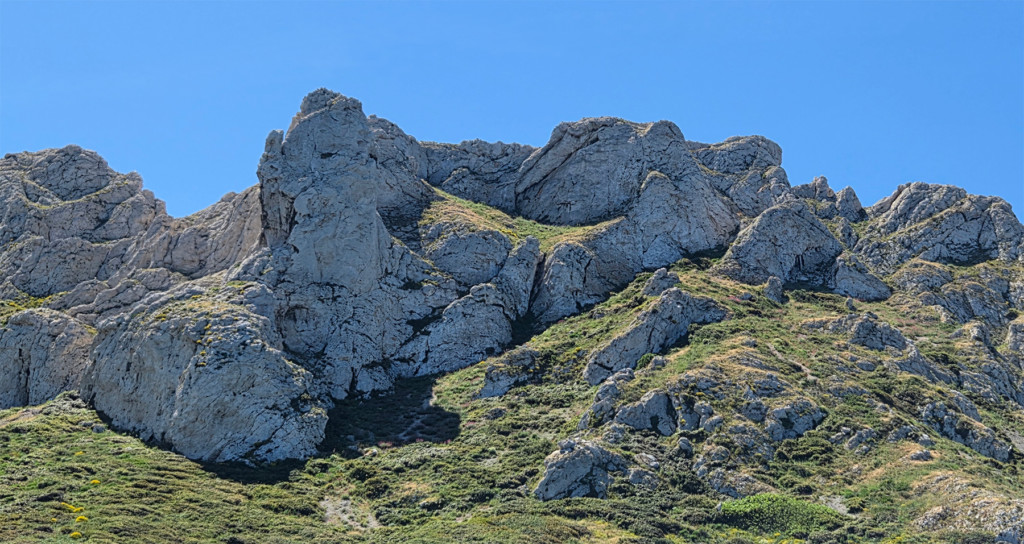 Deux formes animales semblables à des dinosaures apparaissent naturellement dans un paysage rocheux de Marseille — photographie de Brigitte Gagnepain, 2026.